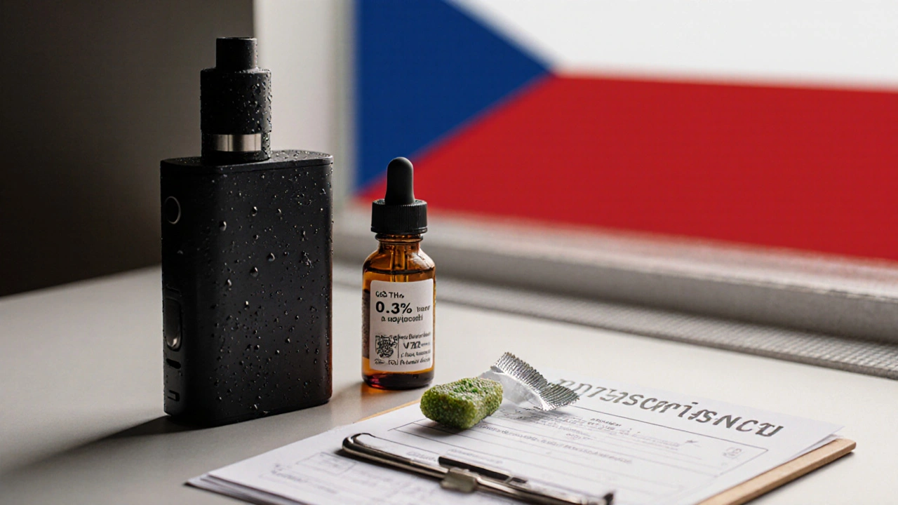 Fotografie vaporizéru, tinktury a jídelního produktu pod 0,3 % THC.