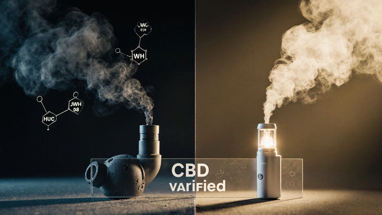 Dvě cesty: škodlivý kouř proti čisté páře CBD s označením ověřené analýzy.