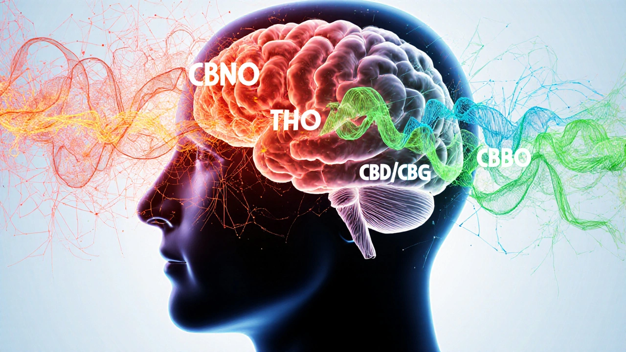 Porovnání aktivace mozku: chaos od CBNO vs. klid od CBD/CBG.