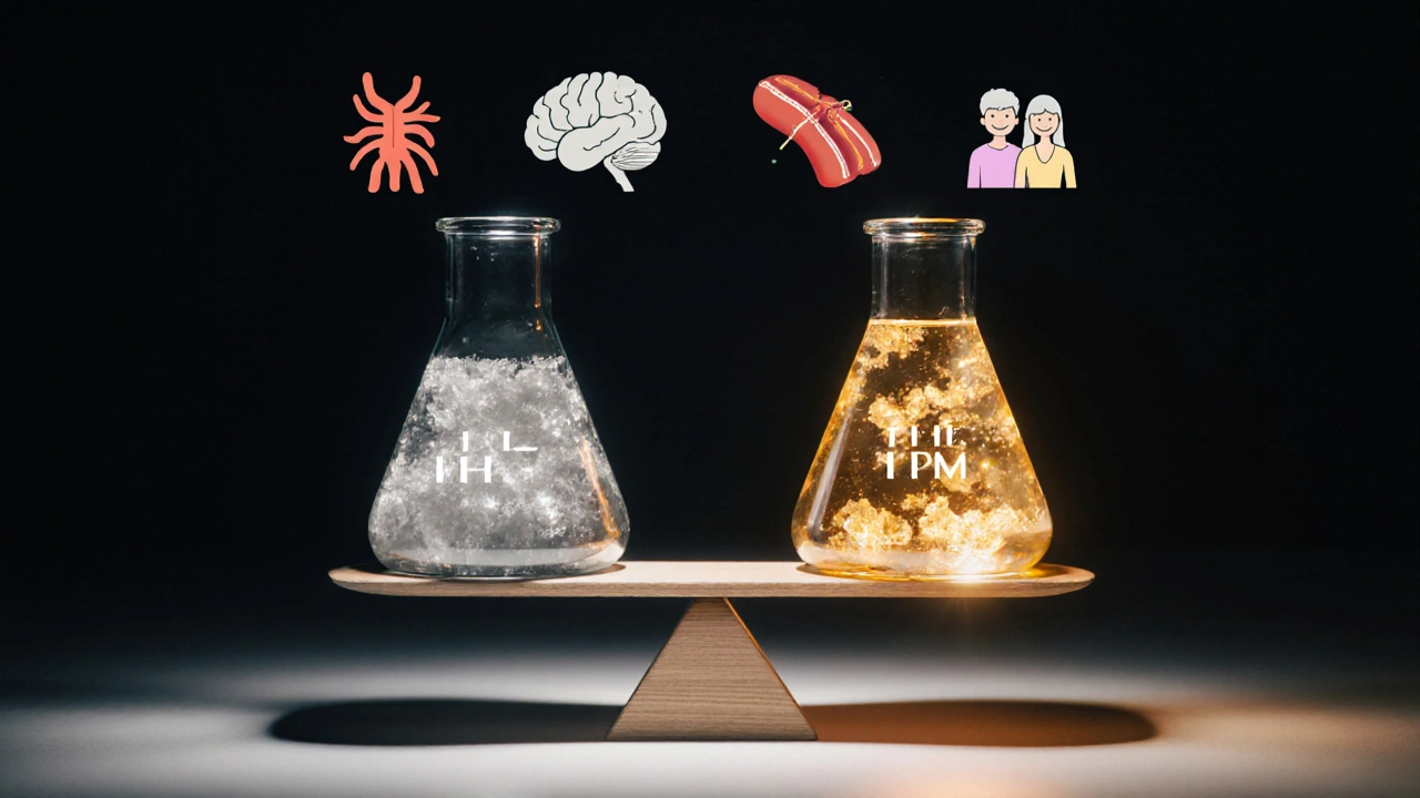Váha s čistým HHC-P na jedné straně a terpeny na druhé, symbolizující jejich synergii.