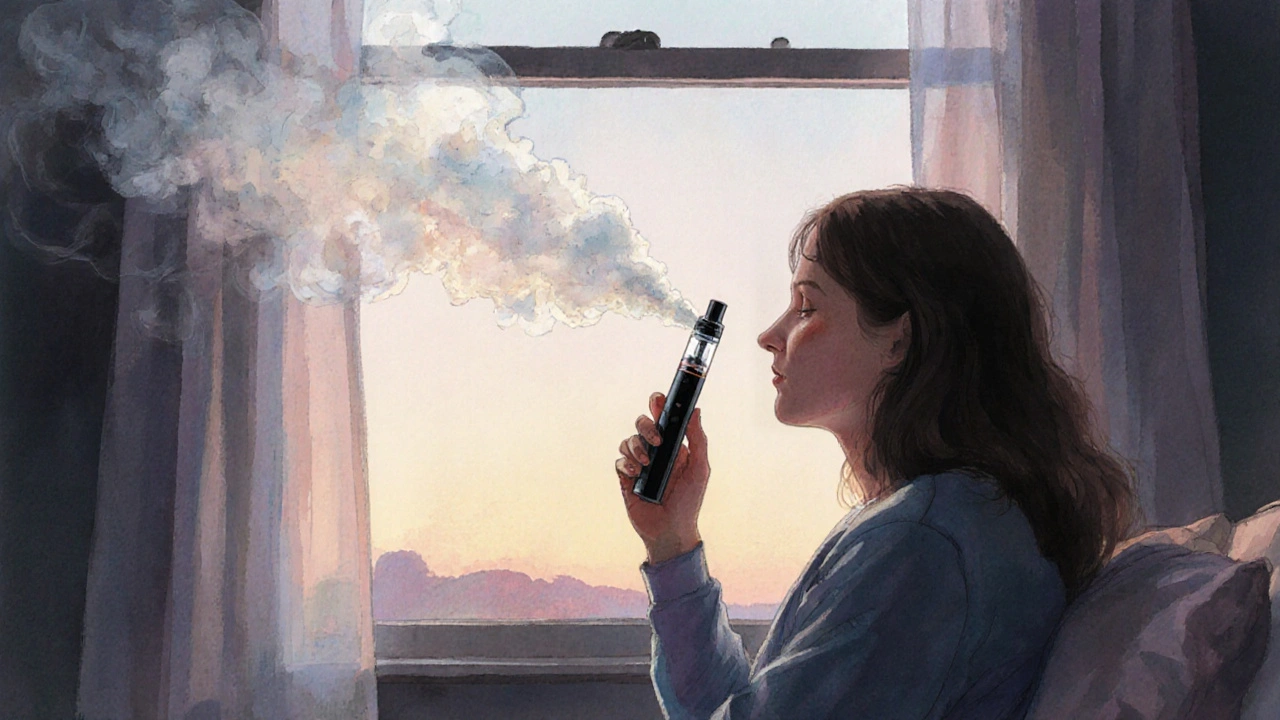 Vaporizér uvolňující jemnou páru CBD v klidné ranní scéně s člověkem v klidu.