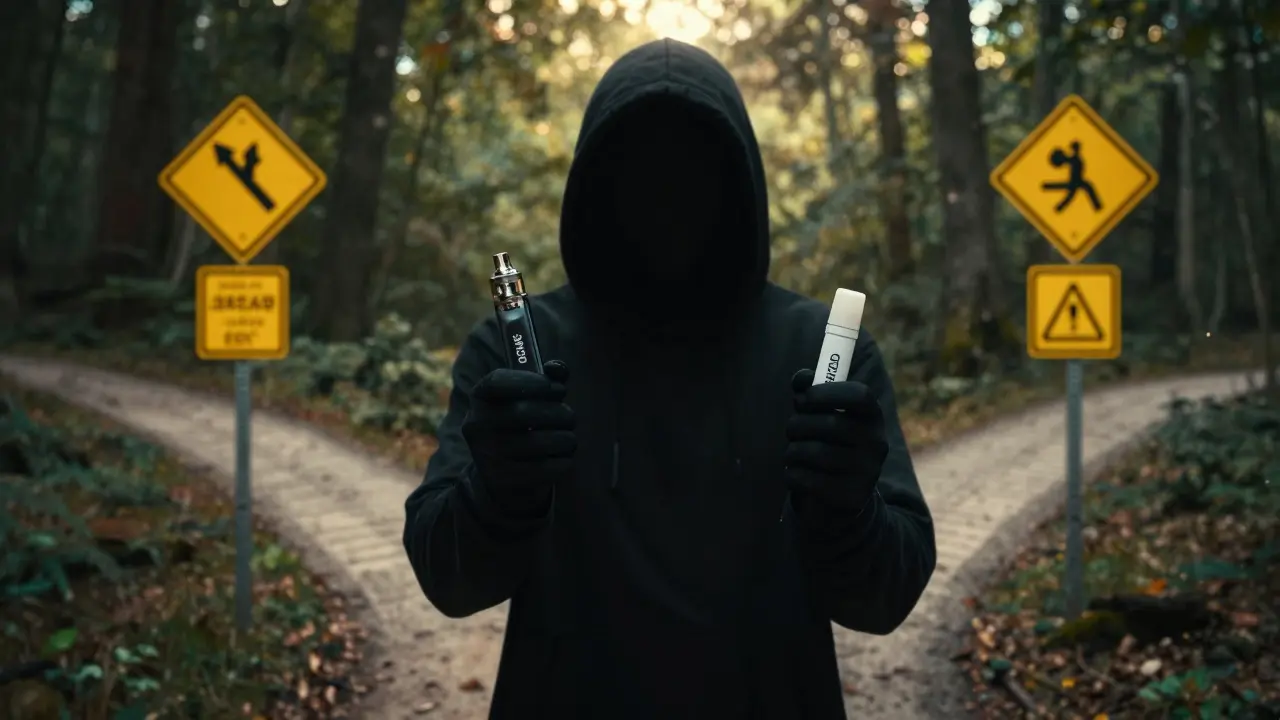 Postava na rozcestí drží dva vape: jeden s neznámou látkou, druhý s CBD, za ní výstrahy a příroda.