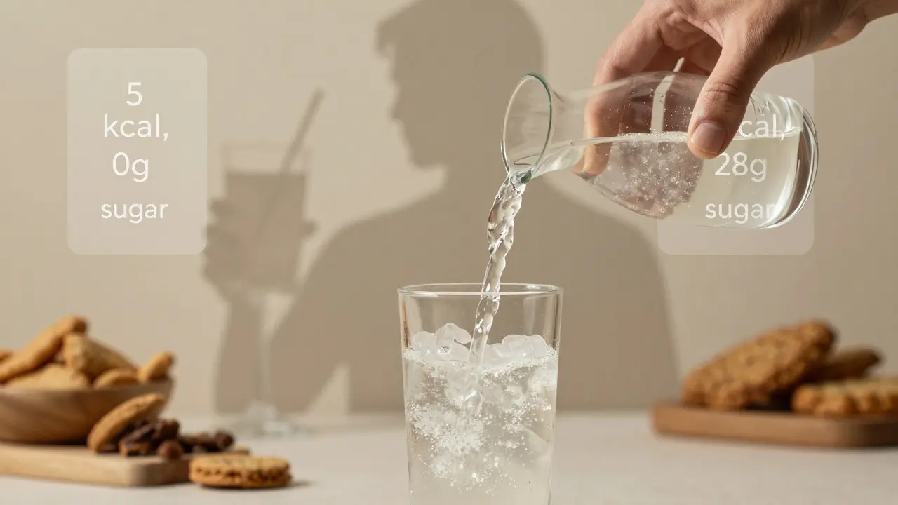 Ruka nalévá čistý cannabis nápoj do sklenice s přehledem výživových hodnot 5 kcal a 0g cukru.