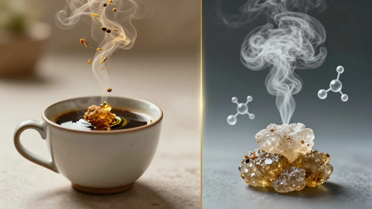 Kombinovaná ilustrace CBD crumble v kávě a shatter ve výparu s molekulovými průhledy