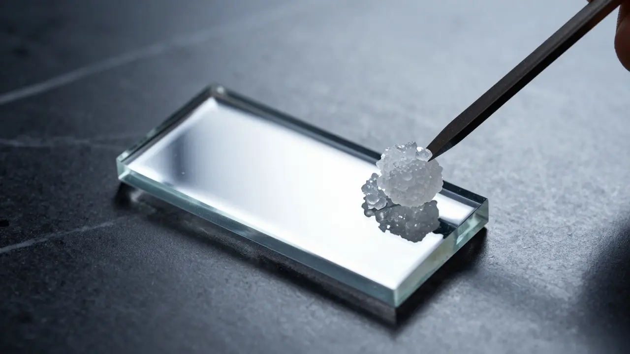 Průhledný CBD shatter jako skleněná deska na černém mramoru s nástrojem pro dabování