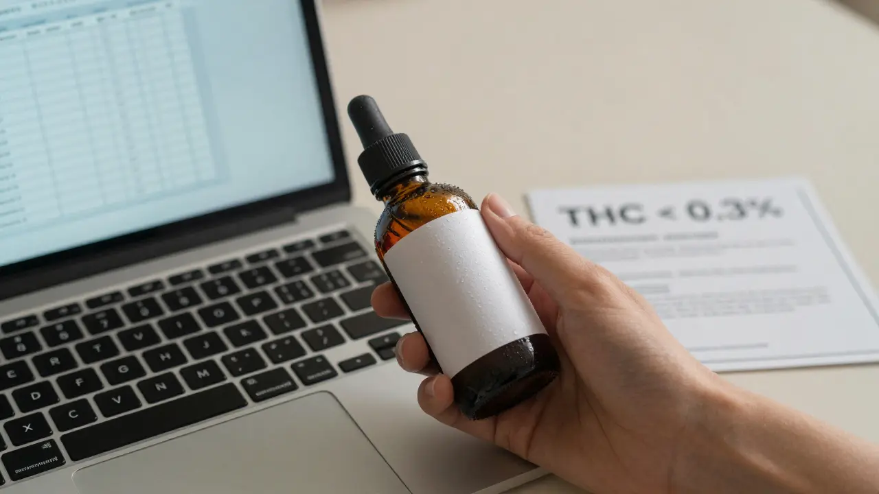 Ruka drží láhev CBD nápoje s certifikátem analýzy vedle počítače na stole.
