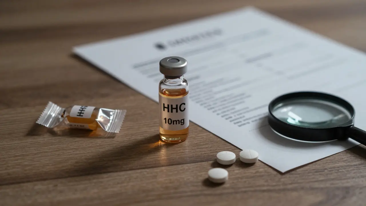 Skleněná lahvička HHC s certifikátem analýzy na dřevěné desce