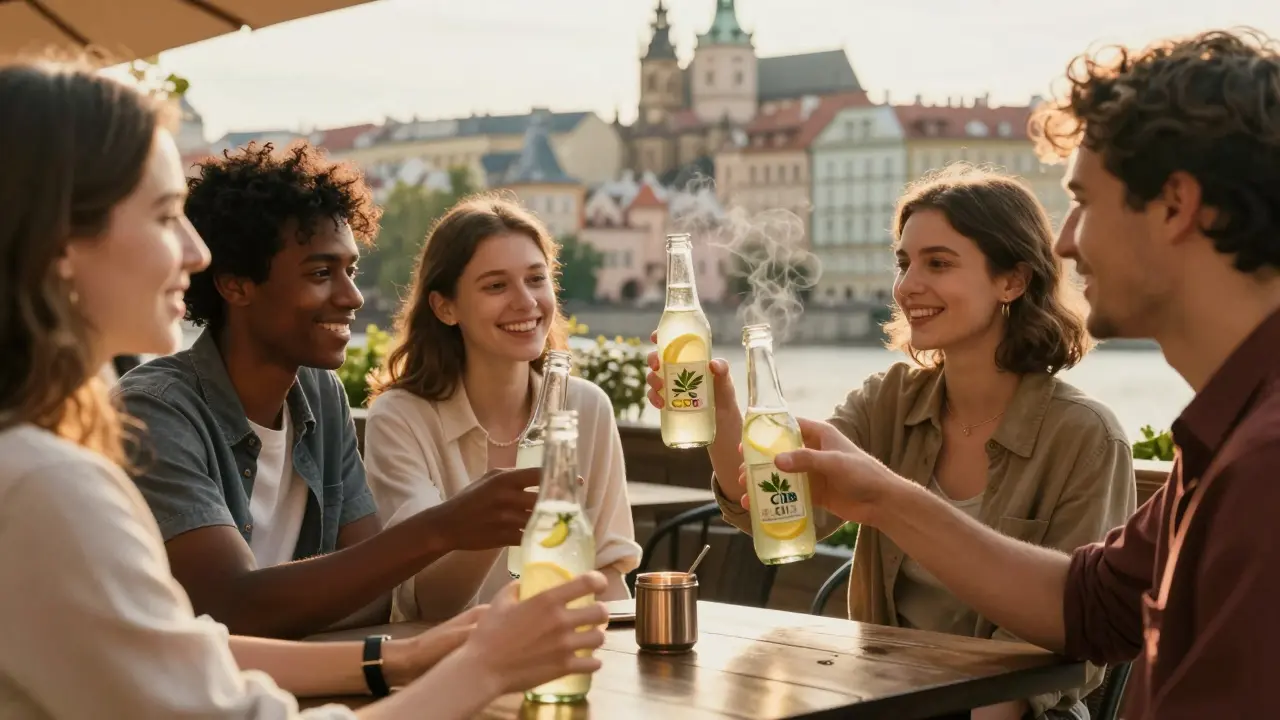 Skupina lidí v Praze si vychutnává CBD limonády na terase v zlatém světle večera.