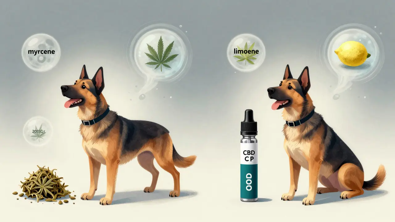 Dva stejné reakce psa na marihuana a CBD vape, oba s podobnými terpény ve vzduchu
