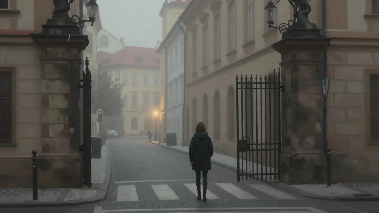 Osoba na křižovatce v Praze s jednou cestou zakrytou mlhou a bránou, druhou osvětlenou.