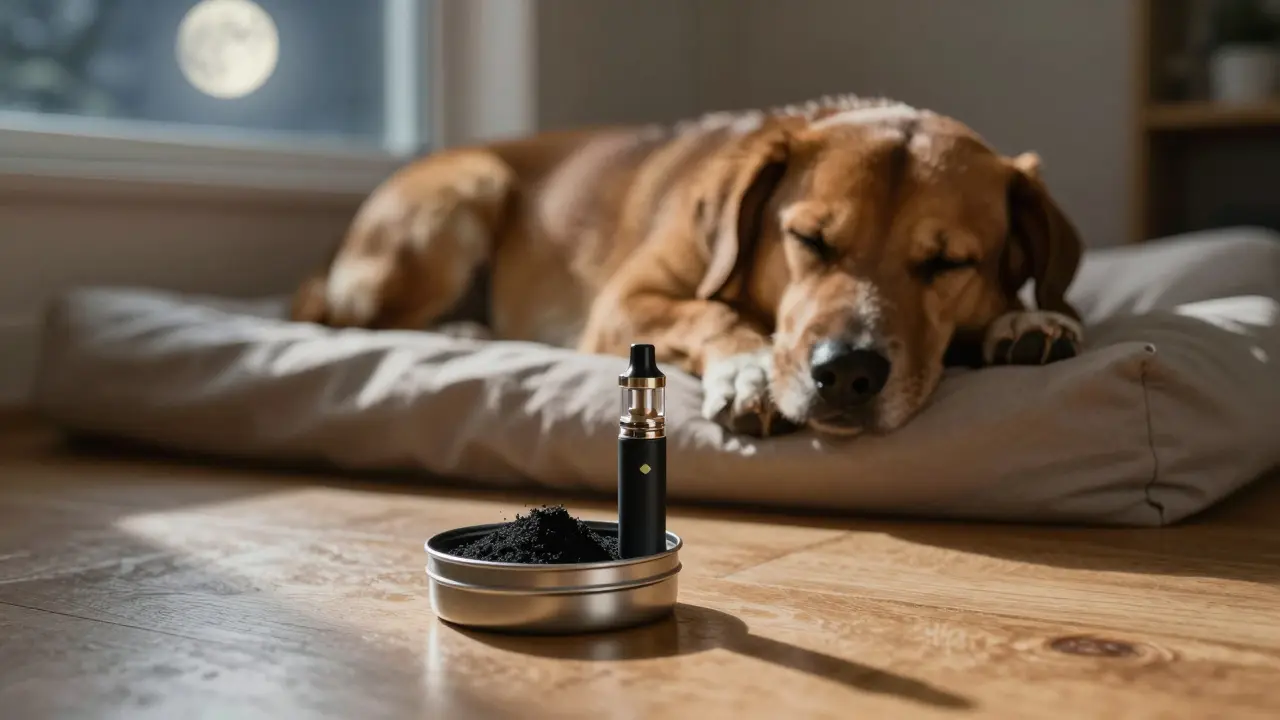 Pes spí v kojítku, zatímco CBD vape je bezpečně uložený v kovové krabičce