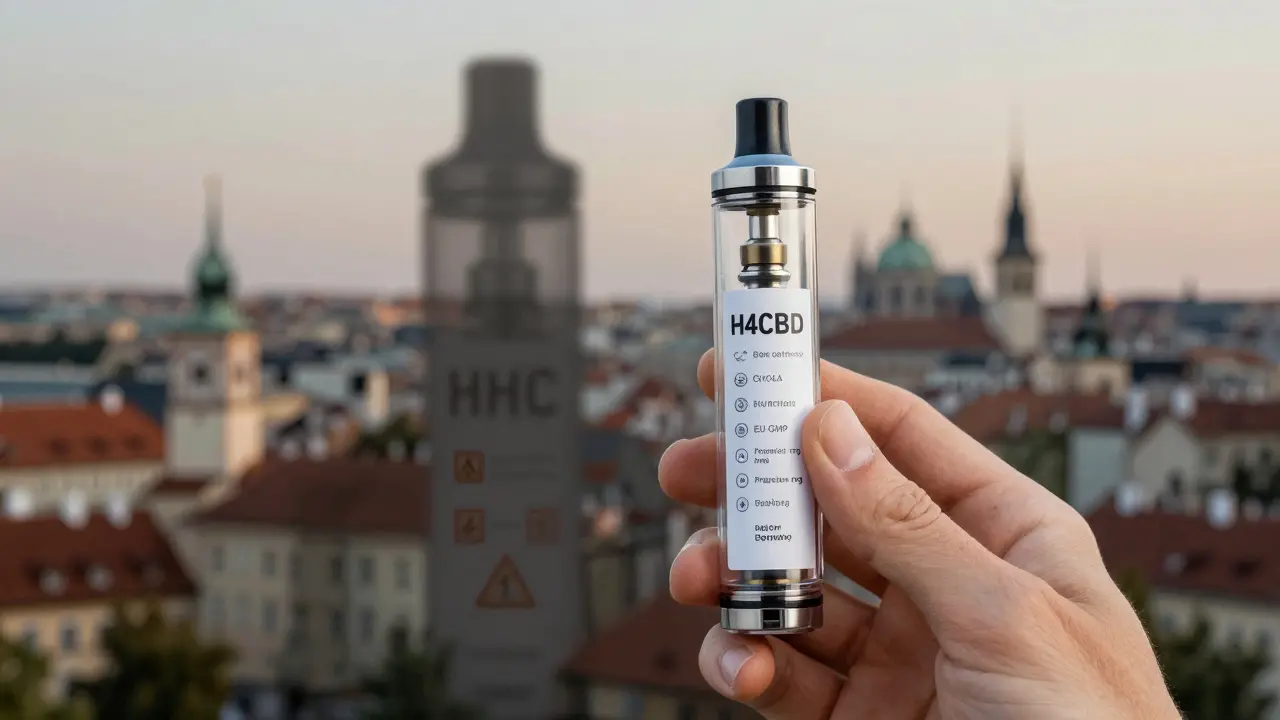 Průhledný vape s certifikáty kvality a bezpečnosti, za nímž se vyskytuje nejasný HHC produkt.