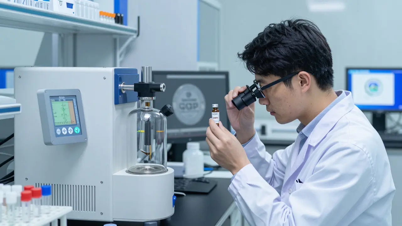 Technik v laboratoři analyzuje CBD extrakt pod mikroskopem při výrobě s CO2 zařízením.