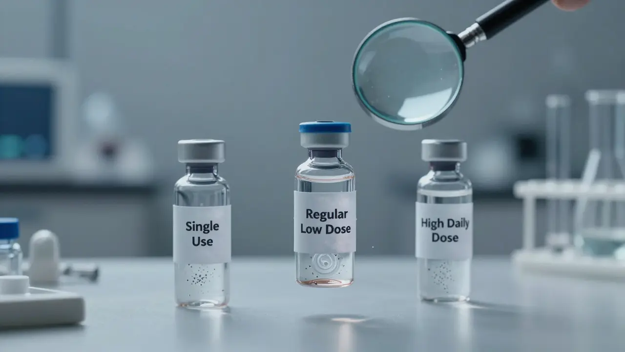 Tři průhledné lahve s různými koncentracemi CBD metabolitů ve vědeckém prostředí.