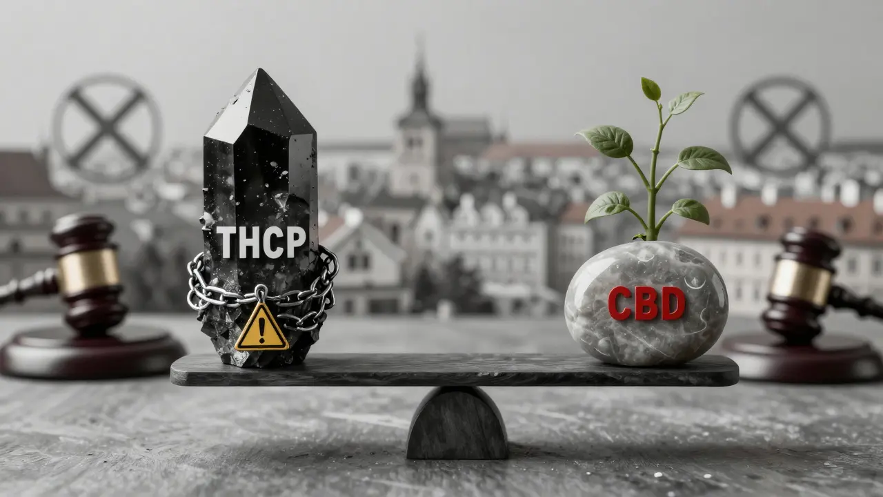Váha s černým křehkým křeslem THCP a hladkým kamenem CBD, pozadí s českým městem a právními symboly.