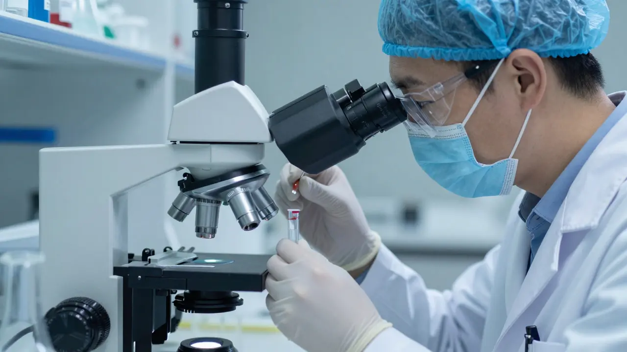 Vědec zkoumá vzorek pod mikroskopem v čisté laboratoři s chladně modrým osvětlením.