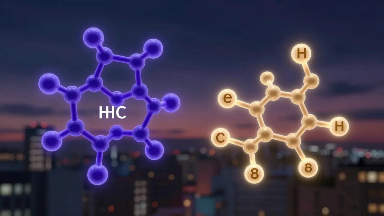 Abstraktní molekulární struktury HHC a delta-8 ve tvaru zářivých chemických modelů v temném prostředí.