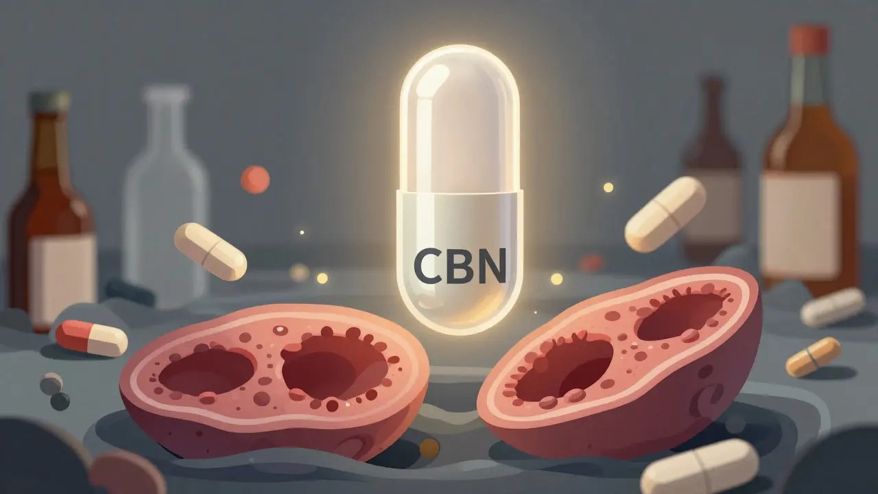 Čistá CBN kapsule nad zdravými játry, zatímco kolem se vrtí nečistoty a alkohol.