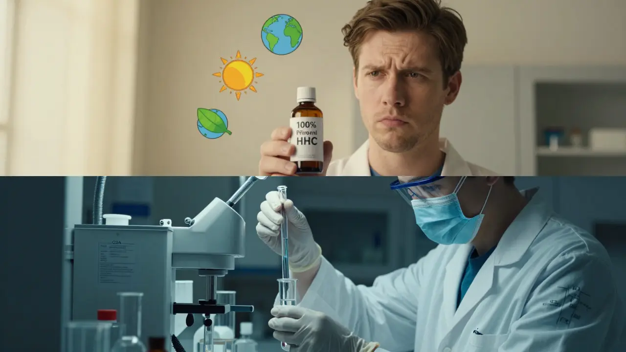Rozdělený obrázek: spotřebitel s marketingovou lahvičkou a chemik v laboratoři s certifikátem analýzy, znázorňující rozdíl mezi marketingem a skutečností.