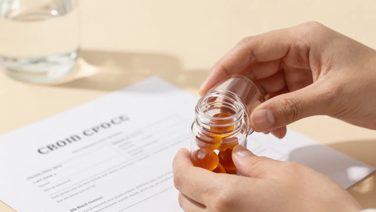 Ruce otevírají láhev s CBD kuličkami, vedle je certifikát třetí strany.