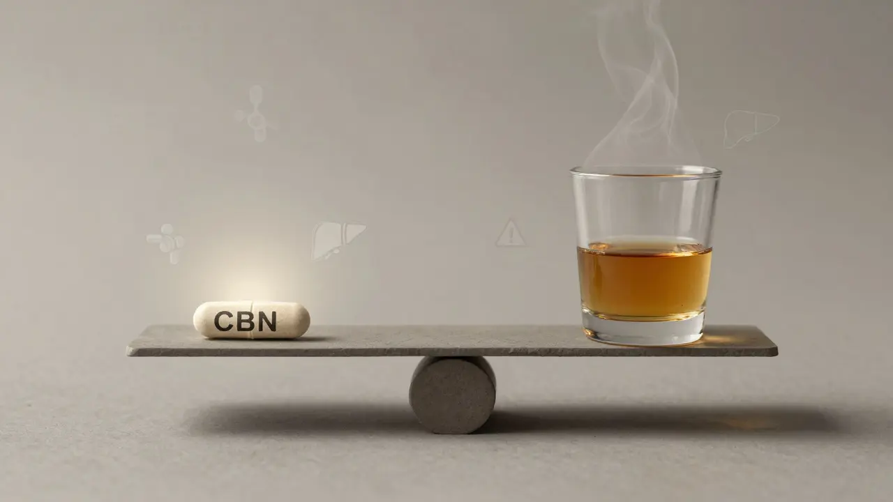 Váha s CBN na jedné straně a alkoholem na druhé, symbolizující rizika pro játra.