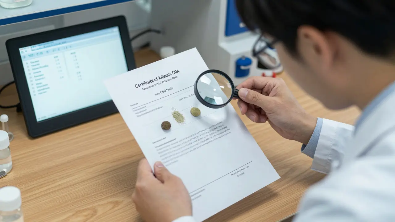 Vědec zkoumá certifikát o čistotě CBD hashu v laboratoři s výsledky analýzy.