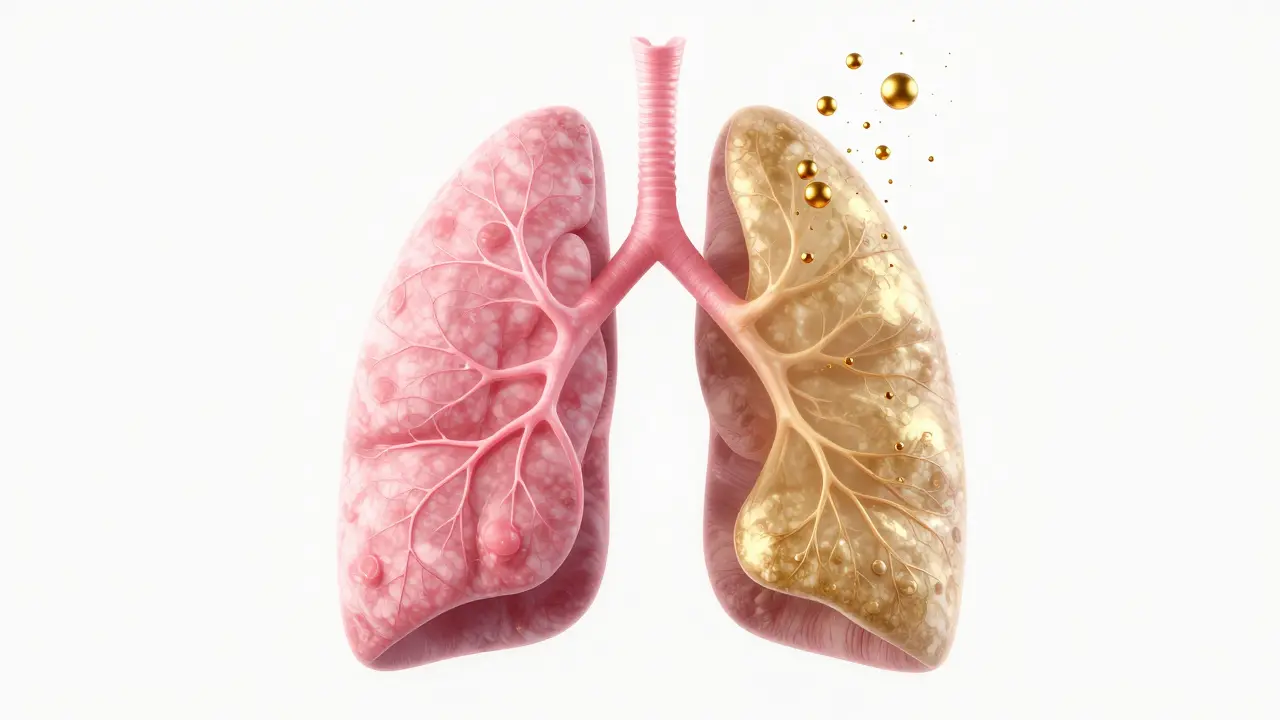 Konceptuální 3D vizualizace plic s zlatovými částicemi vdechovaného aerosolu.