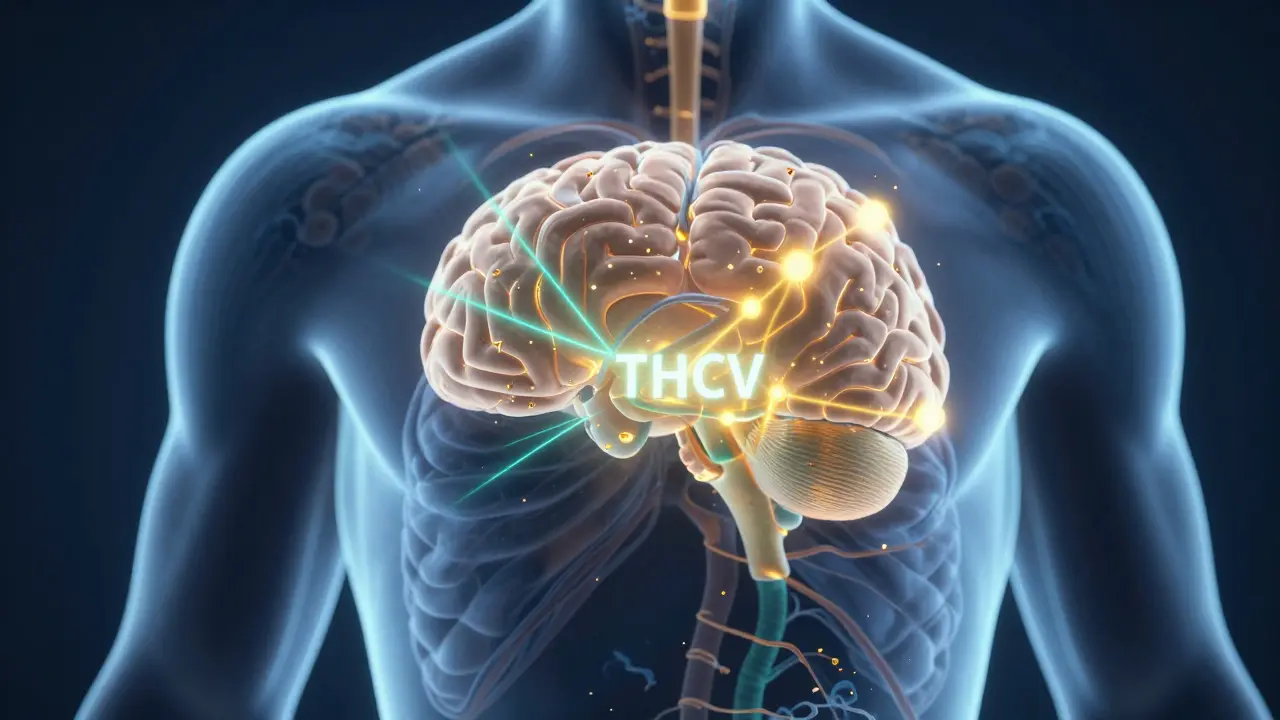 Konceptuální zobrazení blokování receptorů v těle pomocí THCV.