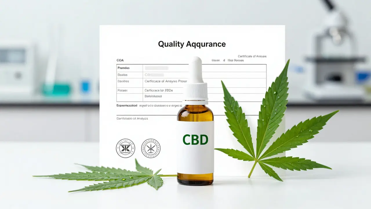 Kvalitní CBD olej vedle laboratorního certifikátu a listu konopí.