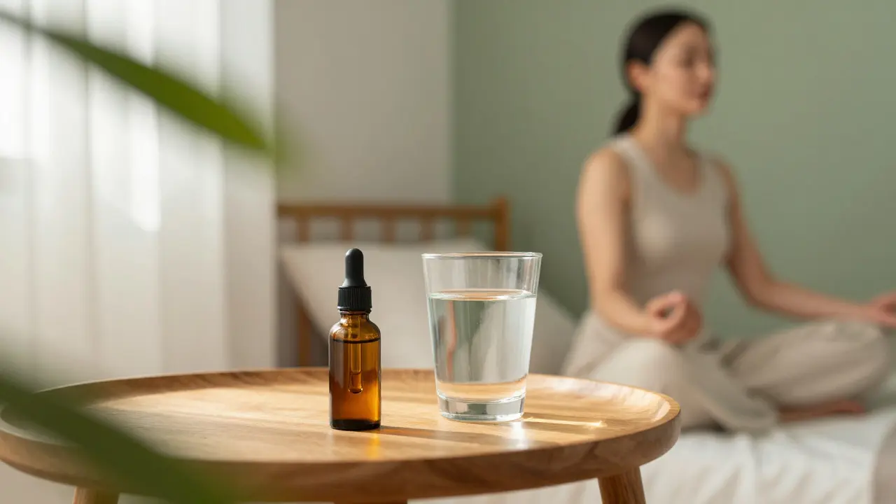 Lahvička CBD oleje na stole vedle relaxující osoby v meditaci.