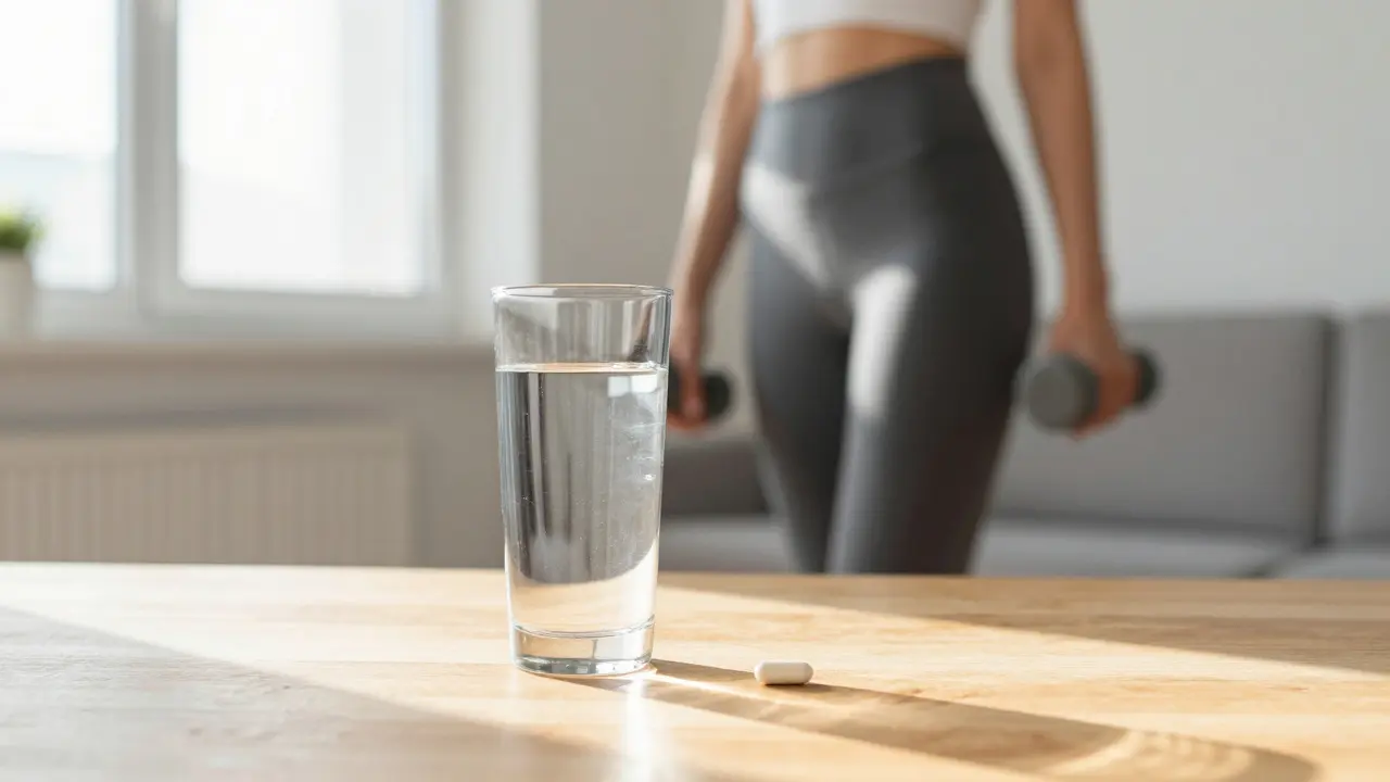 Sklenice vody a doplněk stravy v moderním interiéru s fitness atmosférou.