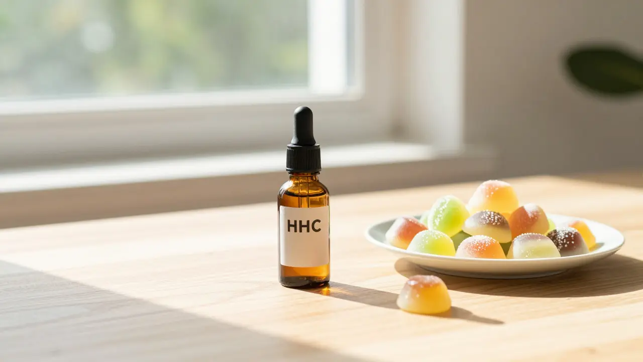 Zdravější alternativy HHC ve formě kapek v lahvičce a barevných gummies na dřevěném stole.