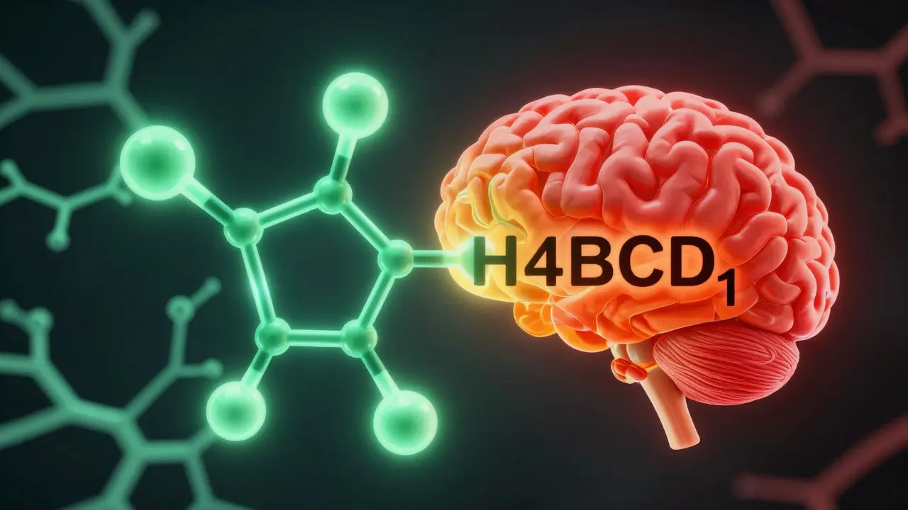 Abstraktní vizualizace molekuly H4CBD vázané na mozkové receptory