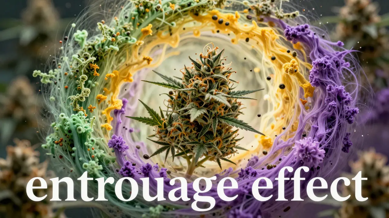 Abstraktní zobrazení entourage efektu s barevnými terpény