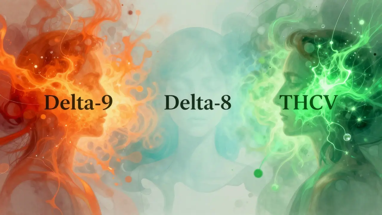 Abstraktní zobrazení účinků Delta-9, Delta-8 a THCV