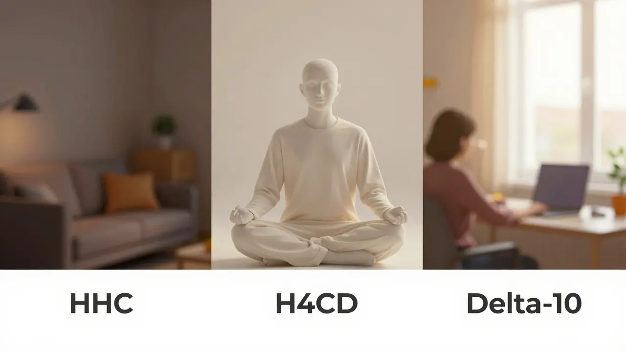 Klidná scéna porovnávající účinky HHC, Delta-10 a H4CBD
