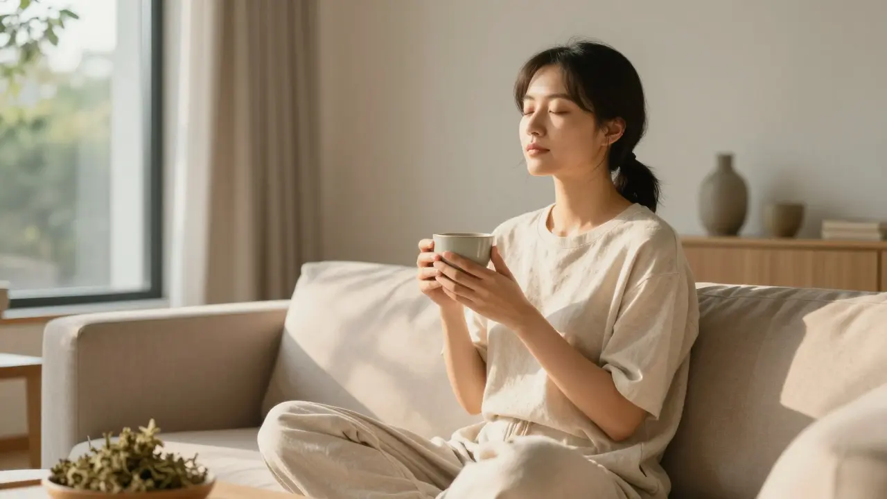 Člověk v klidné meditaci s konopnými květy
