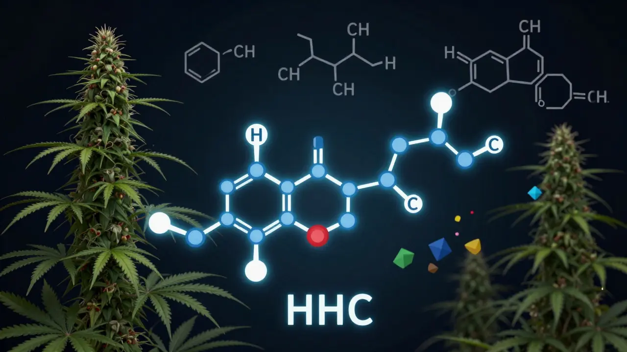 Ilustrace chemické změny THC na HHC s mizením rostlinných vlastností.