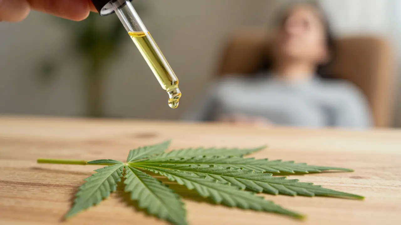 Kapka CBD oleje na listu konopí symbolizující uklidnění úzkosti