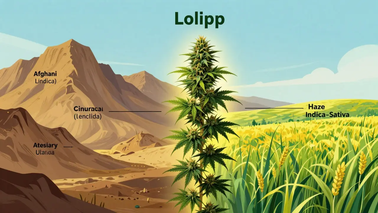 Konceptuální ilustrace genetického křížení Afghani Kush a Haze do hybridu Lollipop.