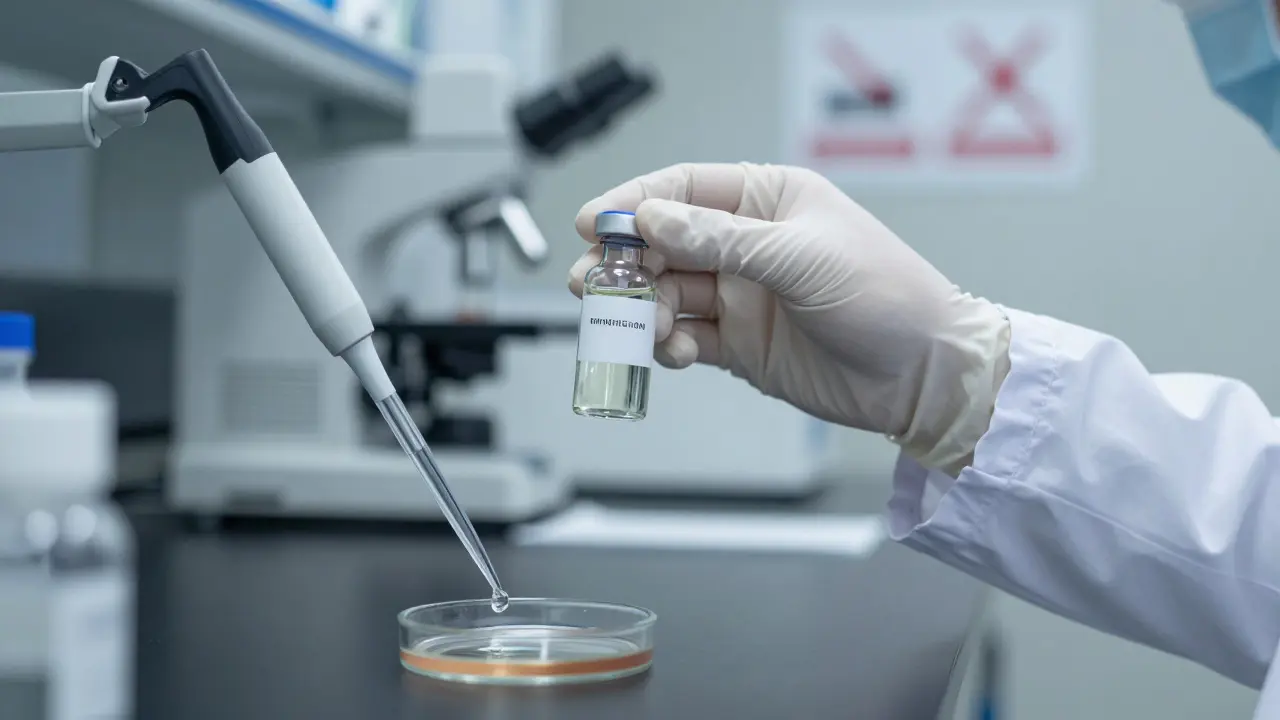 Laboratorní prostředí s přesným dávkováním oleje do zkumavky