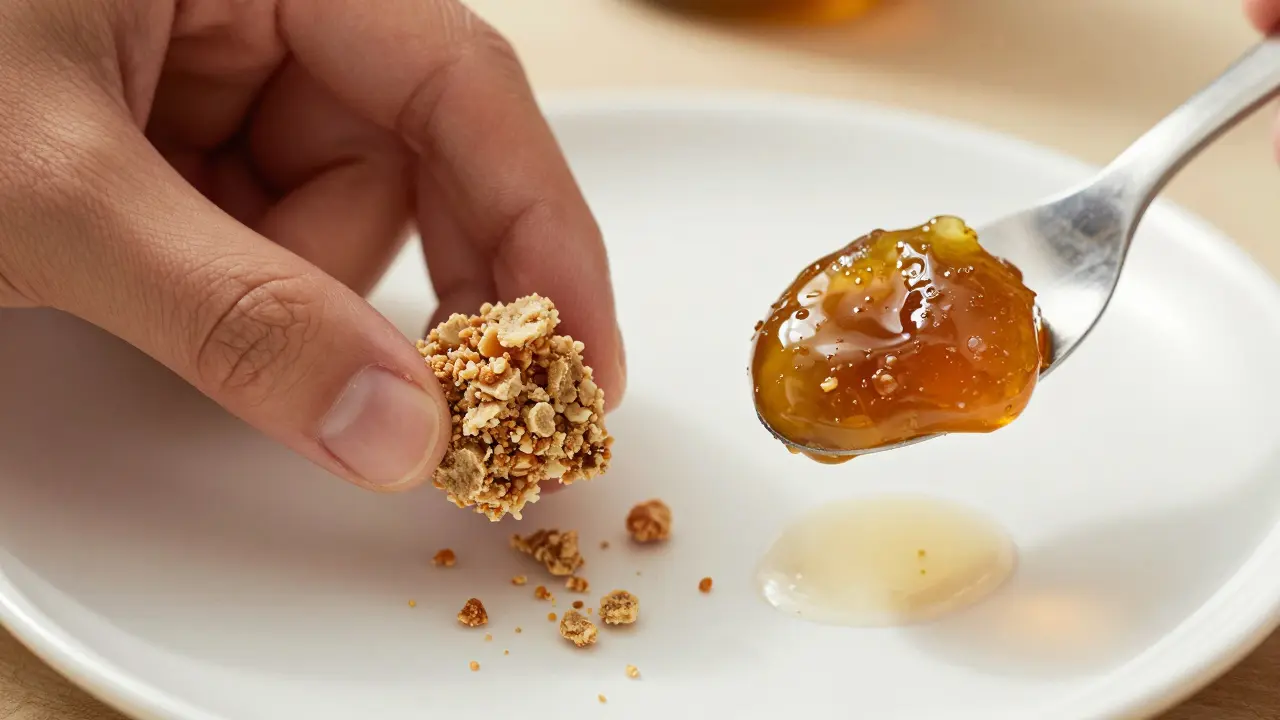 Rozdíl v textuře mezi drobivým Crumble a lepivým Shatterem
