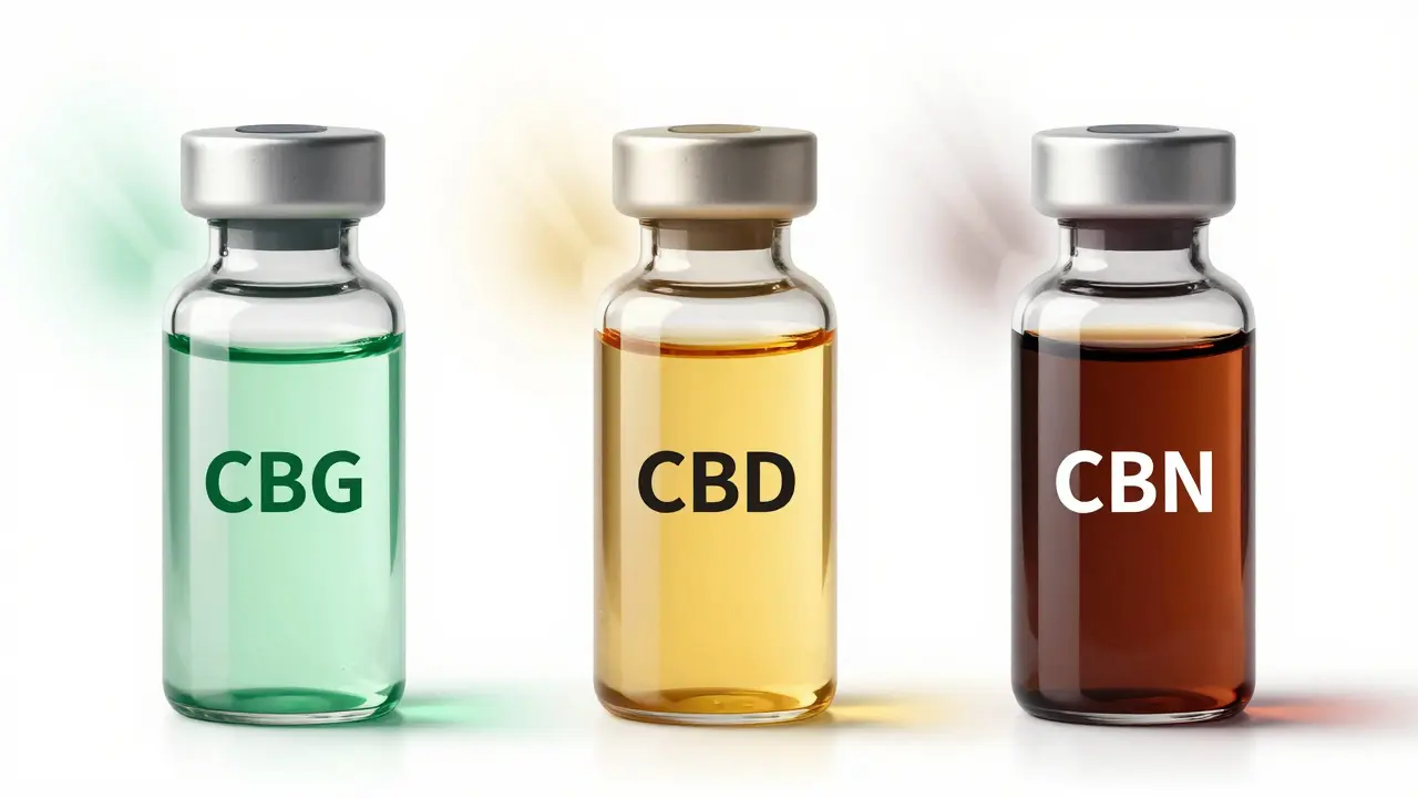 Tři skleněné lahvičky s extrakty CBG, CBD a CBN