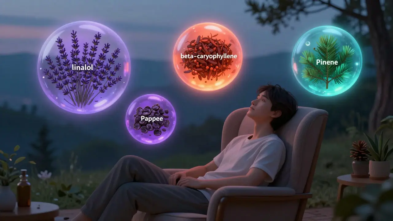 Abstraktní vizualizace účinků terpenů pro relaxaci a úlevu od bolesti