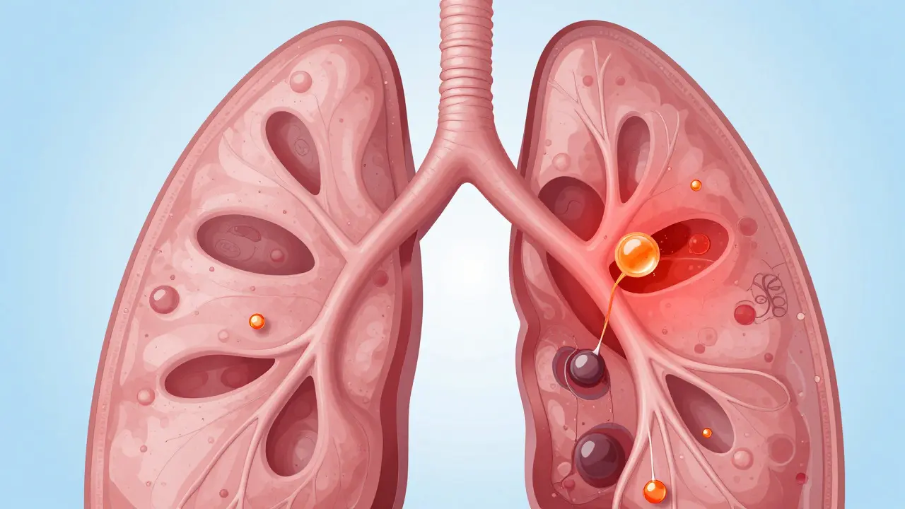 Anatomické zobrazení plic ucpaných olejovými kapičkami