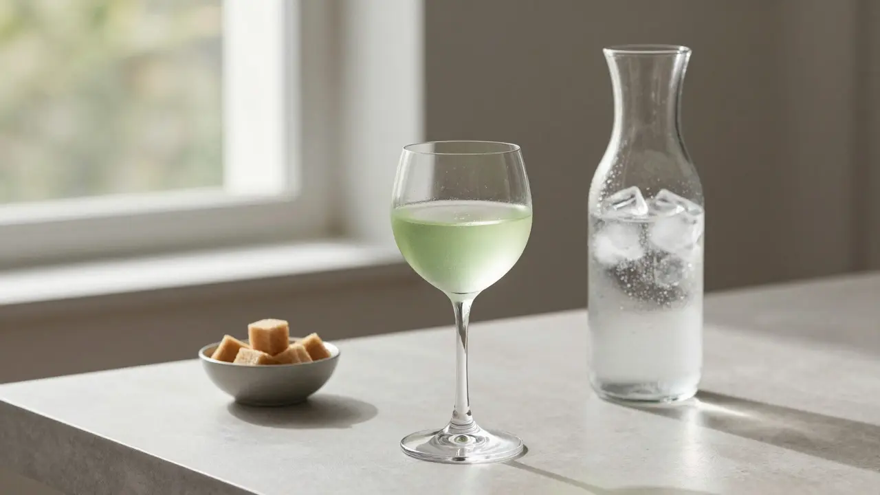 Elegantní sklenice absintu s ledovou vodou v moderním barmanském stylu