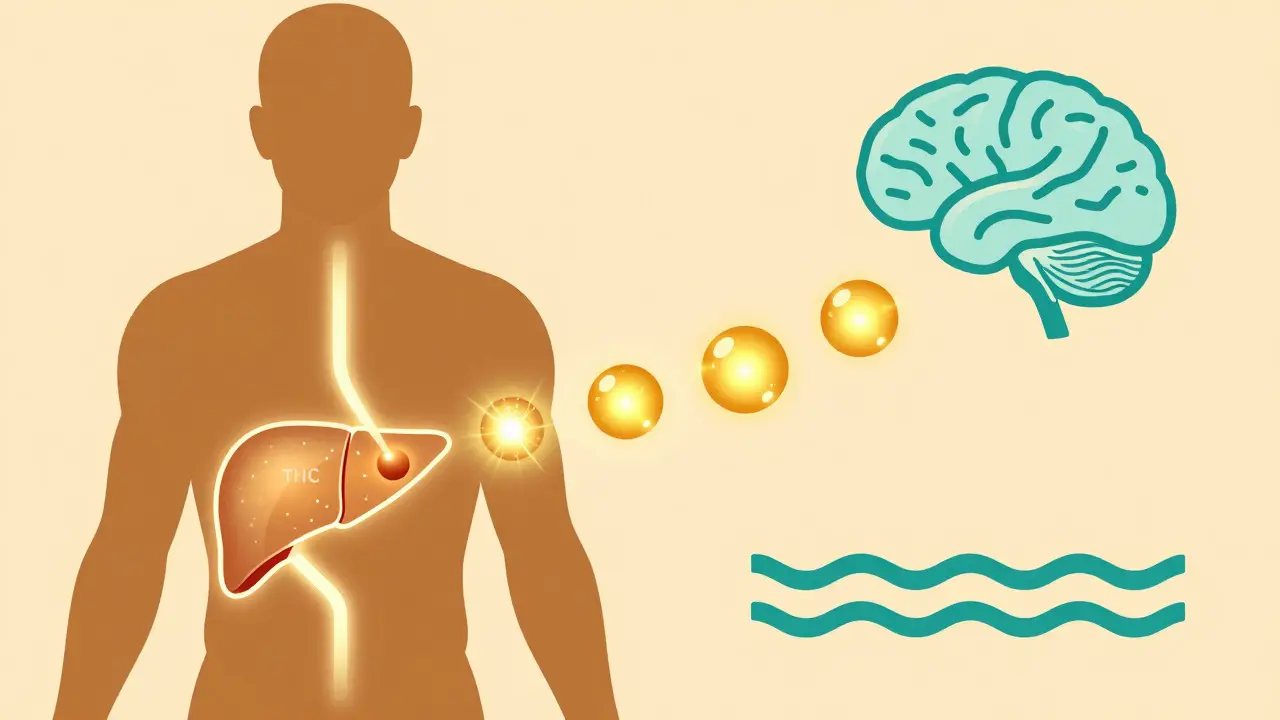 Ilustrace přeměny THC v játrech na silnější metabolit před dosažením mozku
