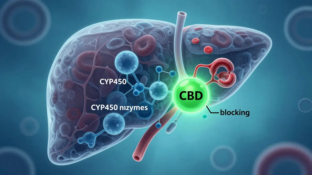 Ilustrace ukazující vliv molekuly CBD na enzymy v játrech a metabolismus léků