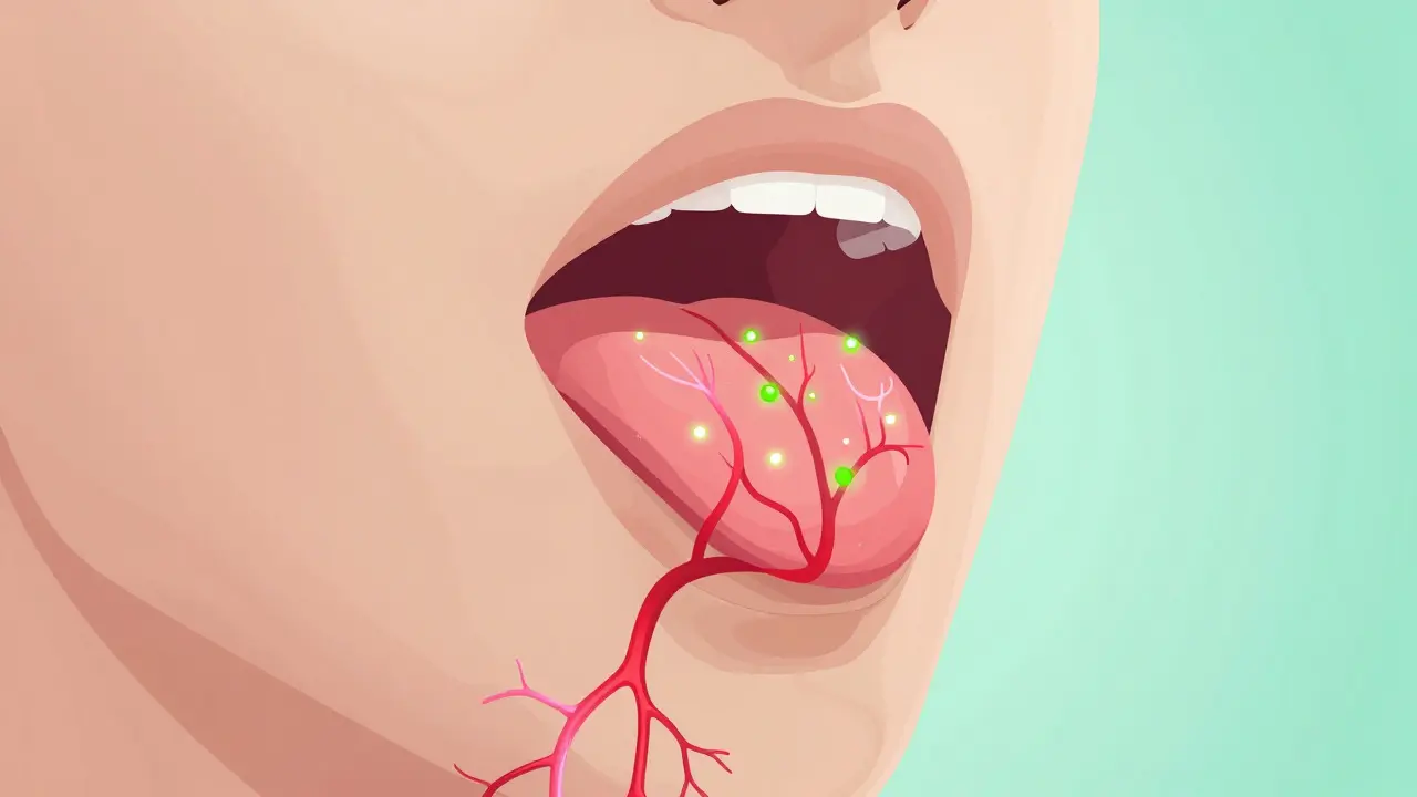 Ilustrace vstřebávání CBD molekul přes sliznici pod jazykem do krve