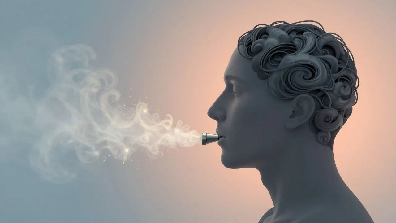 Konceptuální ilustrace ukazující přeměnu úzkostných myšlenek v klid po inhalaci